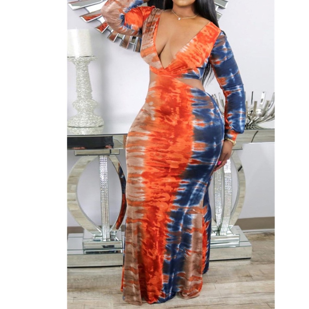 Tie-Dye Batch Printing Lace-Up Maxi Dress